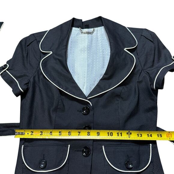 VTG 90s Bebe Pinstripe Short Sleeve Belted Blazer Black White Linen Blend Size 8 - Picture 7 of 16